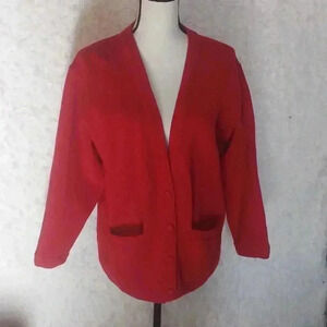 Women Red 100% Merino Wool Button Up Cardigan Sweater Women’s Size Medium